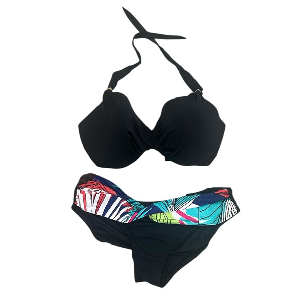 Ann Cole Signature Black ruched & Multicolor tropical Bikini Set gold sz large